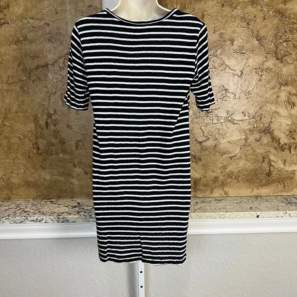 Eileen Fisher T-Shirt Dress Petite Small PS Black White Stripe Organic Linen - Picture 5 of 11